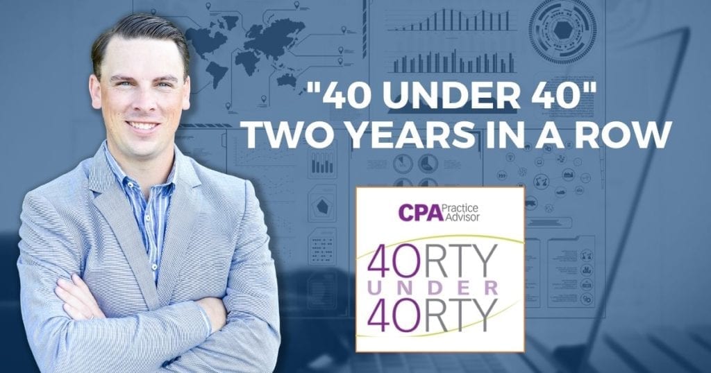 A cutout of Chris Hervochon with "40 Under 40" Two years in a row next to him