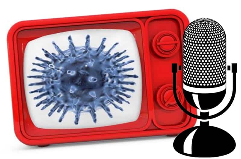 A red TV with a blue virus inside with a podcast microphone