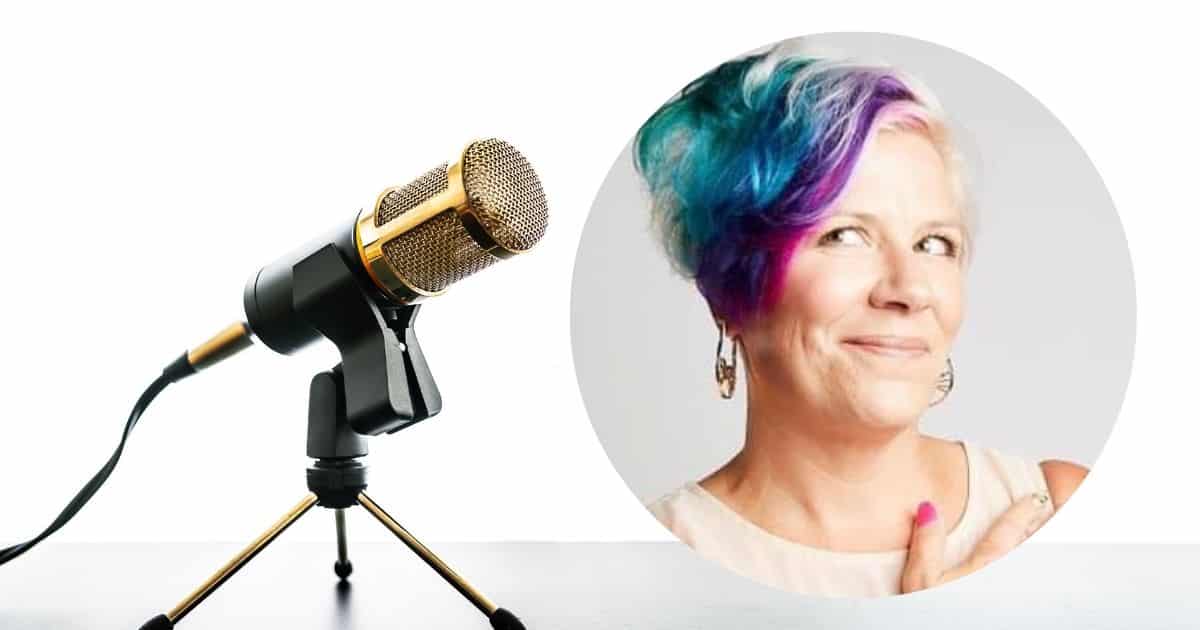 Podcast microphone next to a circular photo of a podcast hostess