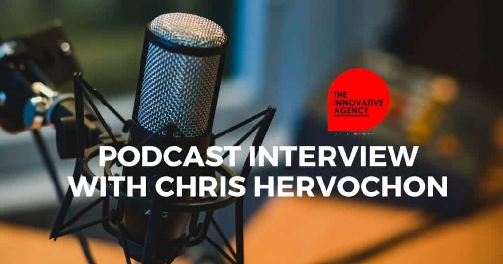 Podcast microphone next to logo