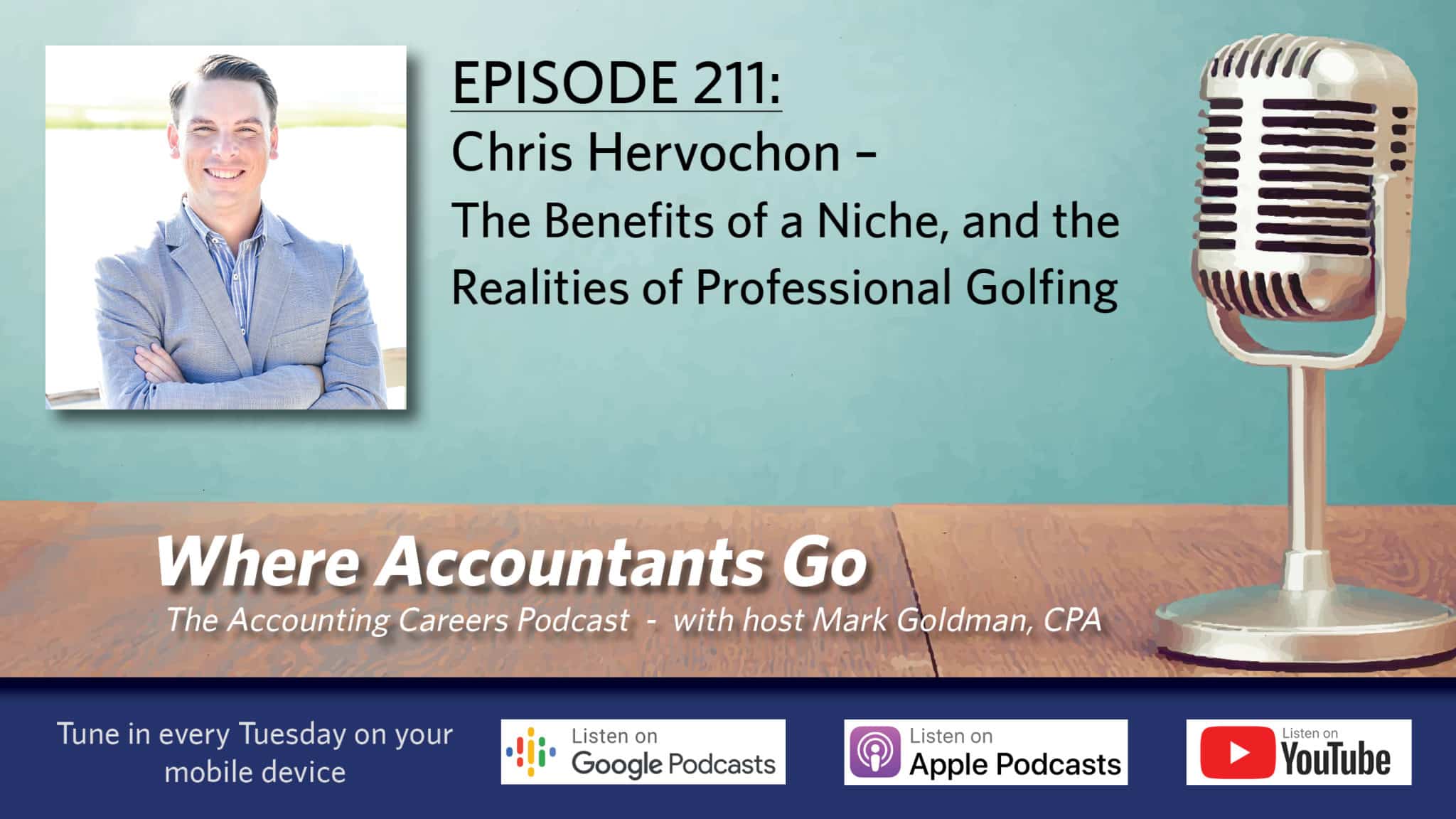 A photo of Chris Hervochon next to a podcast microphone for the Where Accountants Go podcast