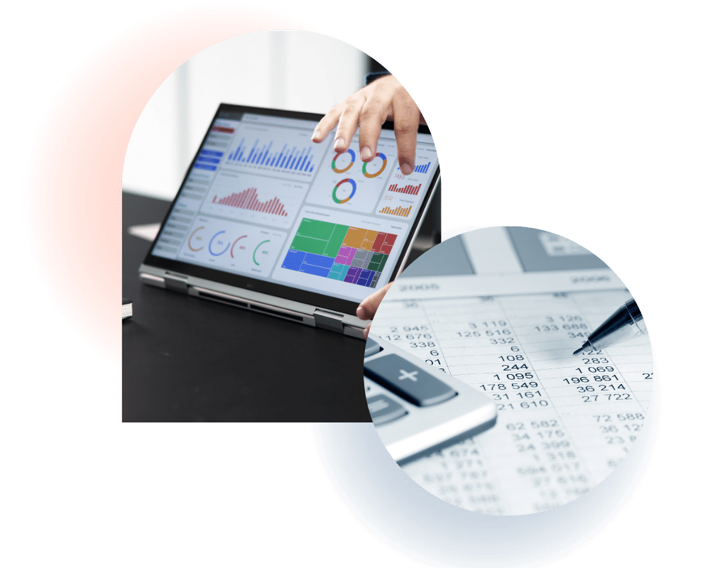 photo collage of person looking at a financial dashboard on a tablet and a pen pointing to numbers on a financial document