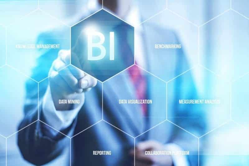 A business man pointing to a button that says BI for Business Intelligence