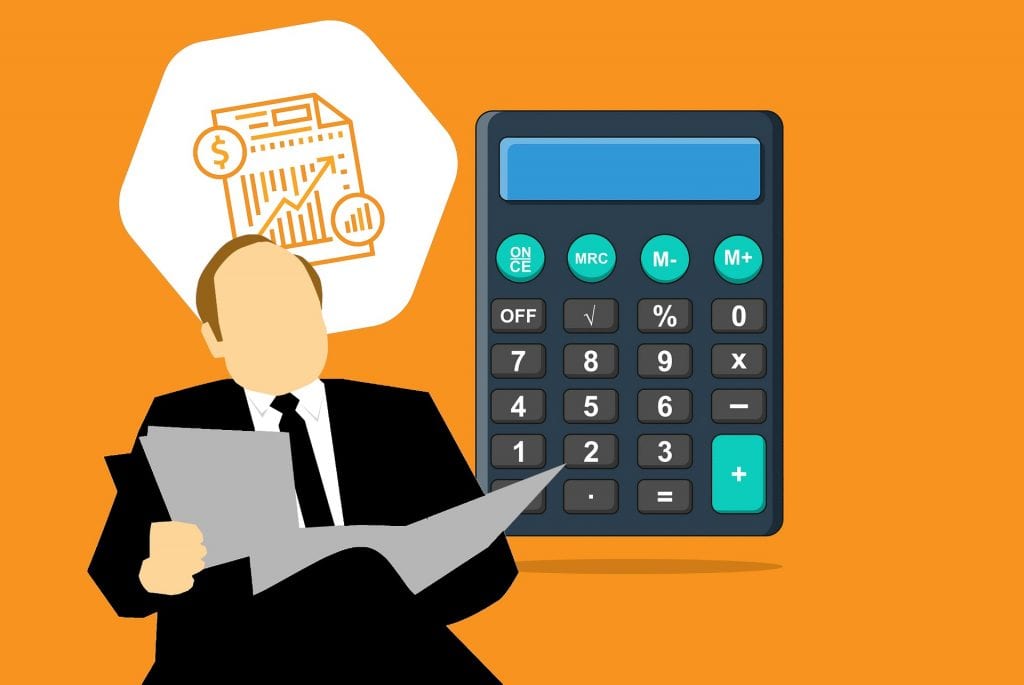 Cartoon of a business man with a combover going through paperwork with a symbol of financial paper icon in the background and a giant calculator