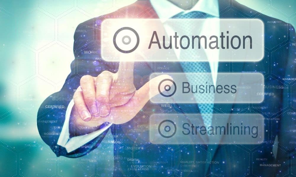 Business man hitting transparent buttons for automation