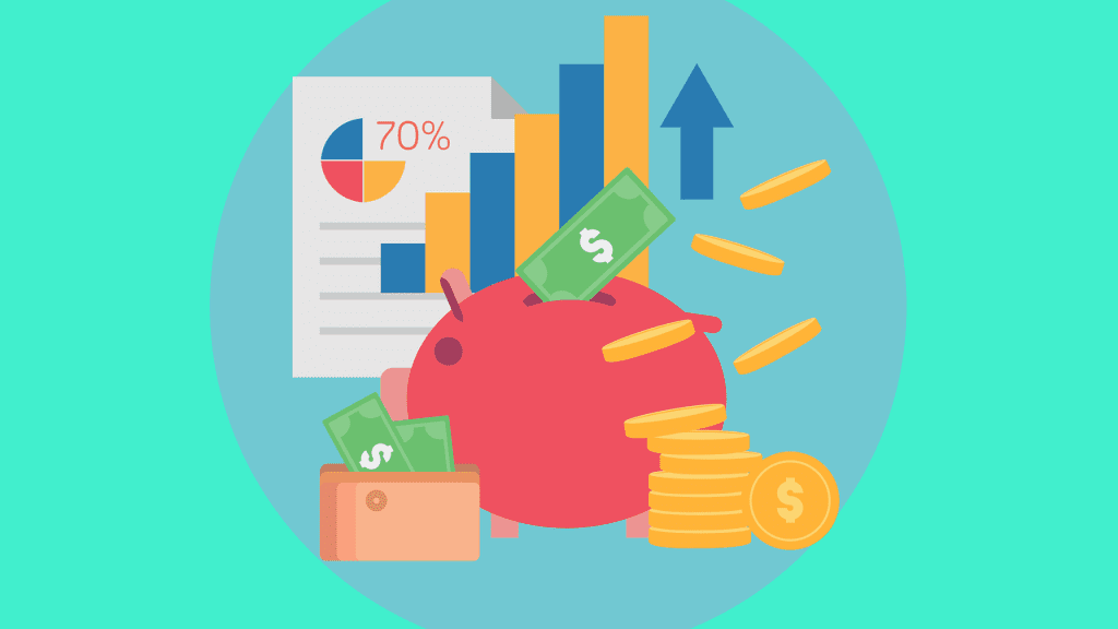 cartoon of a piggy bank with american dollars and graphs and charts