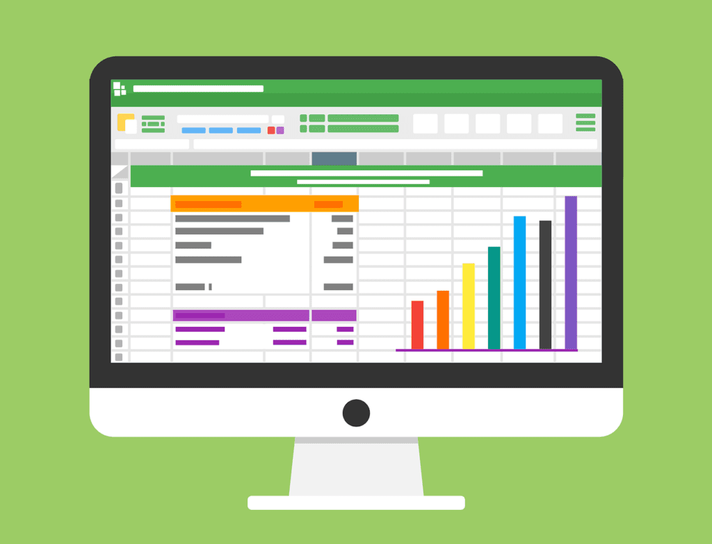 A cartoon computer screen of excel spreadsheet with graphs and data